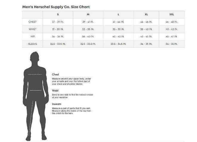 Size Guide Herschel Menswear